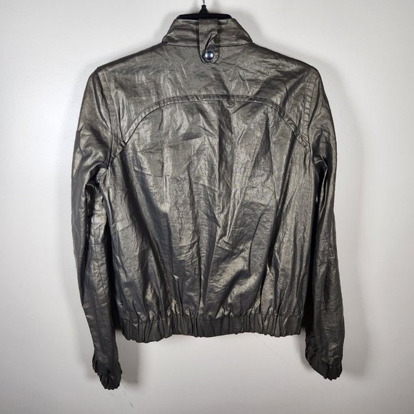 French Connection Bomber Jacket Womens Olive Green Metallic Coated Linen Y2K - Picture 8 of 13
